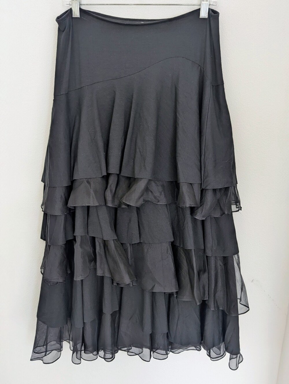 Luna Luz Women’s Tiered Layered Ruffle Chiffon Pull-On Skirt Black Sz L stretchy